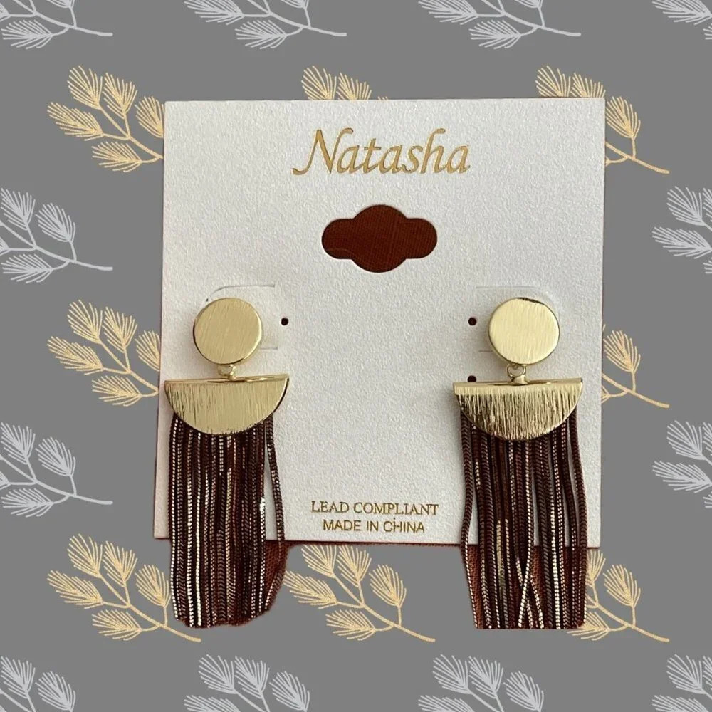 Natasha Gold-Tone Brown Metallic Textured Fringe Drop Post Earrings 24$